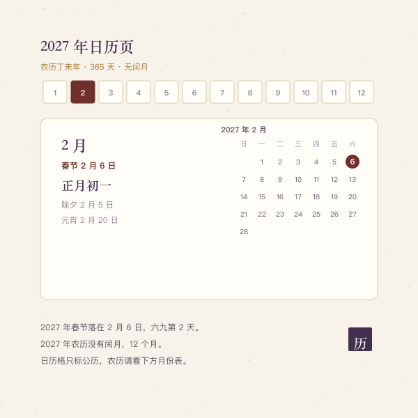 2027年日历页与2月6日春节正月初一标注