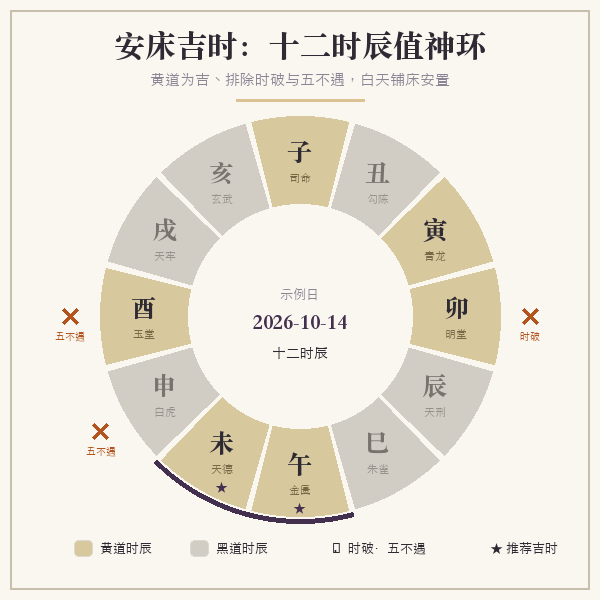 十二时辰黄道黑道与安床吉时示意环图(示例:2026年10月中旬)