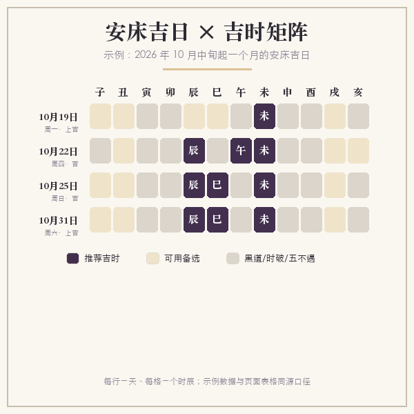 安床吉日与吉时矩阵示意(示例:2026年10月起一个月)