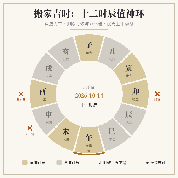 十二时辰黄道黑道与搬家吉时示意环图(示例:2026年10月中旬)