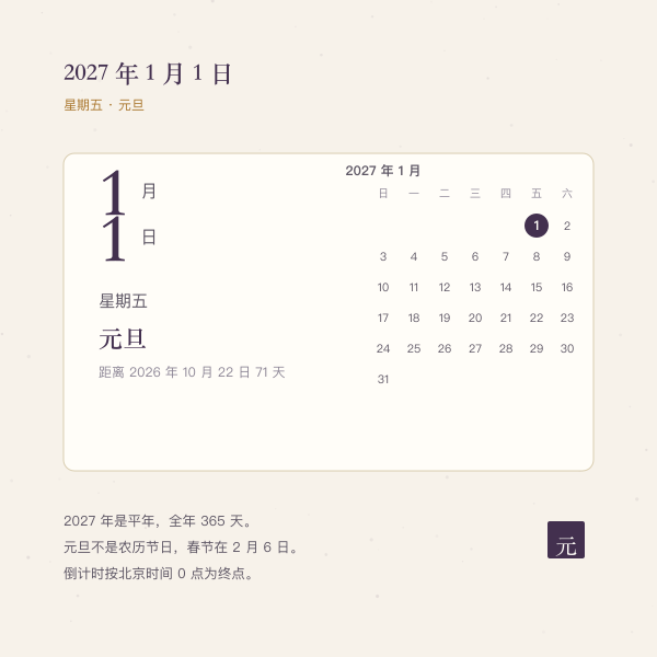 2027年1月1日星期五的日历撕页