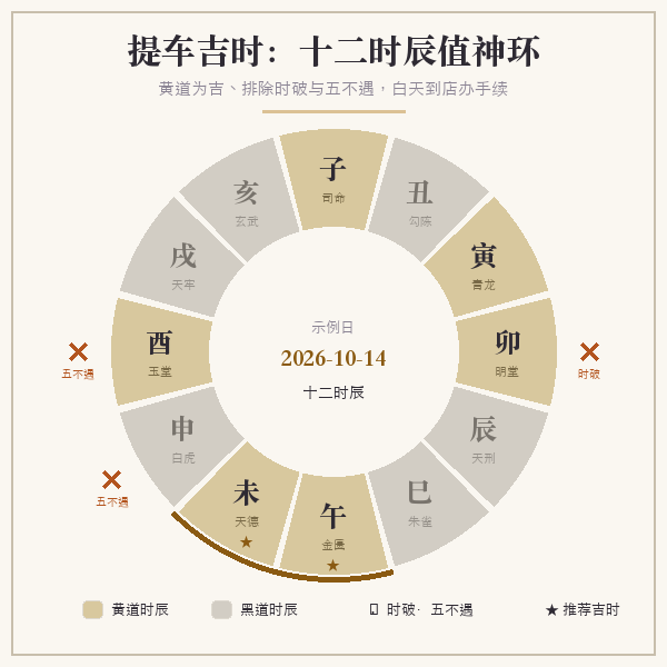 十二时辰黄道黑道与提车吉时示意环图(示例:2026年10月中旬)