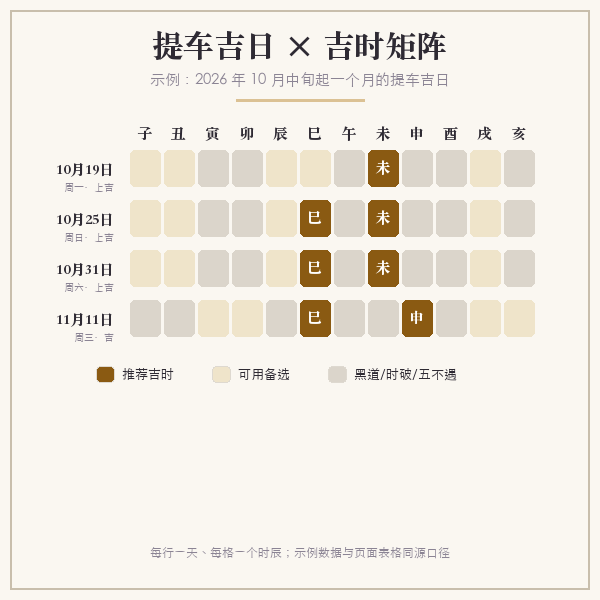 提车吉日与吉时矩阵示意(示例:2026年10月起一个月)